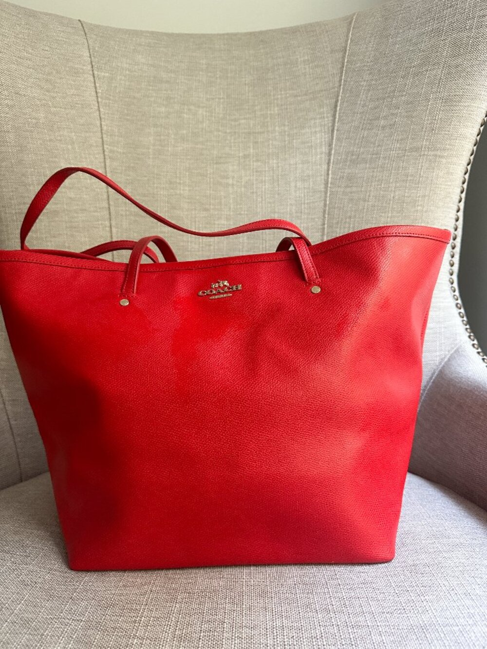 Coach Red Crossgrain Textured Leather Large City Tote Shoulder Bag